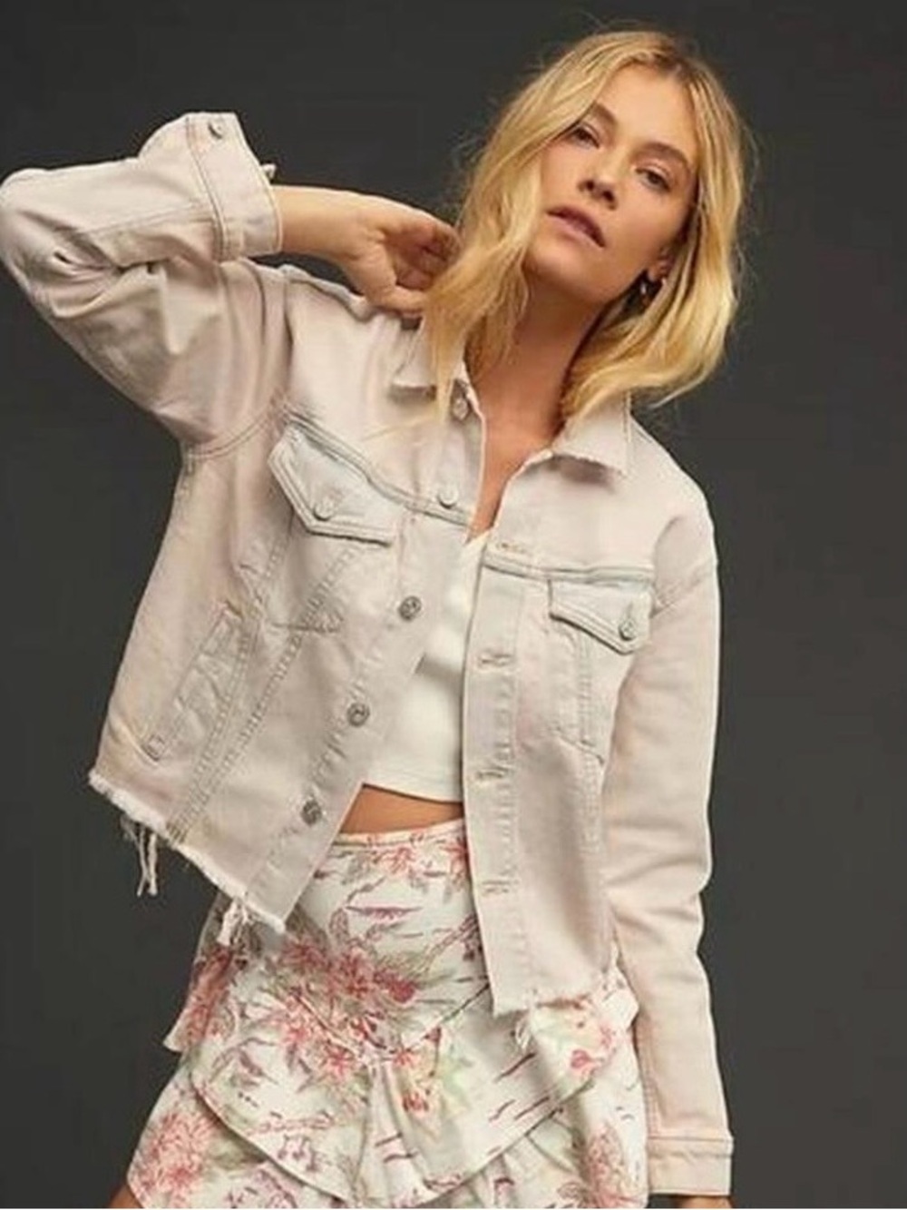 MOTHER The Cut Drifter Jacket Azalea Pink Frayed Hem Denim Small